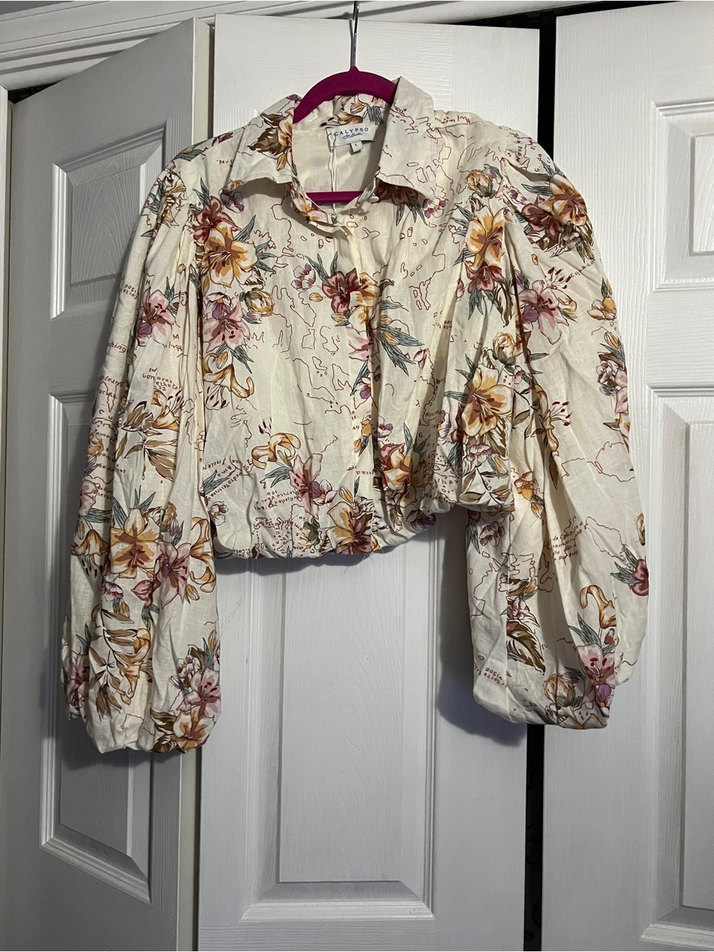 Calypso St. Barth Cream Floral Puff-Sleeve Cropped Blouse